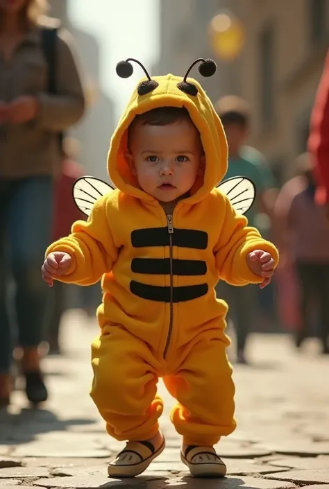  Create a prompt in English for me to generate an image in another AI of a cute baby dressed in a bee jumpsuit dancing a lot, The baby must be stylish and elegant ,  he must be dancing

The background must have other people , but out of focus.  The focus m...