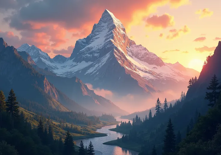 Make a mountain landscape with sunrise