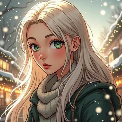  very detailed digital illustration on the cover .  Draw a couple for a realistic comic cover .  Incredibly beautiful young femme fatale with long white hair and green eyes, long bangs ,  in warm winter clothes ,  with a white and light green scarf , walks...