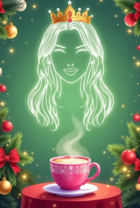 santagirl,chirtsmas,Snowy，Podium Background，Christmas， a vibrant pink coffee cup with intricate white design on the lid， holding a light pink drink topped with a white star， featuring a regal womans face in delicate white outline， adorned with a golden cro...