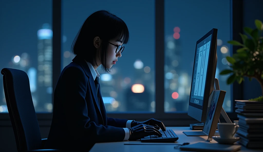  a beautiful young Japanese woman in a suit and black leather gloves、Working overtime on the computer late at night