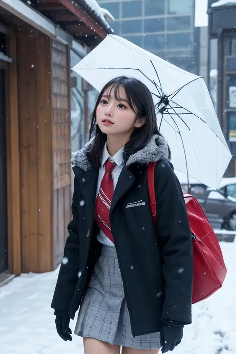  top quality , super high resolution ,,whole body,  black hair , blissful,, beautiful and elaborate face , clean skin, skin texture, College Student , wearing a warm coat over her uniform,  ties, small breasts, check long skirt,Focus on girls ,The girl is ...