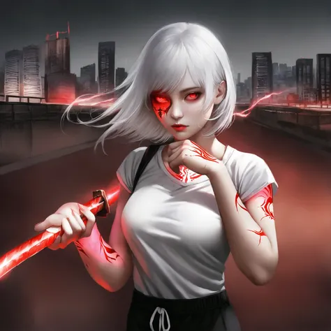 Beautiful Female version of kaneki ken from Tokyo ghoul manga, with long straight white hair, mask on face, Wearing a white t shirt with black sweatpants pants, Tokyo In the background, realistic, holding a katana sword behind head with on hand, red glowin...