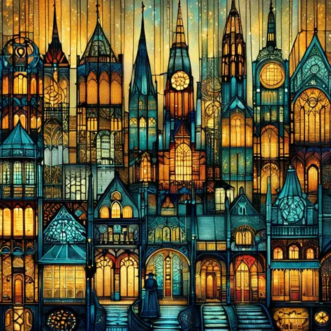 Masterpiece, highest quality, high resolution, best composition, Zentangle style, painting of a city with a church spire in the distance, Victorian city, town background, night life buildings, stylized urban fantasy artwork, night village background, light...