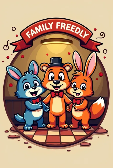 Logo of a Five Nights ar Freddys style pizzeria, That it is not terrifying and that it does not mention the name and with other animals