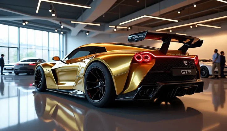 The image shows a luxurious sports car, specifically a 2025 Nissan GT-R, in a showroom. The car is a metallic gold color and has a sleek and sporty design. It has a large rear spoiler with red taillights and black alloy wheels. The left of the car has a bl...