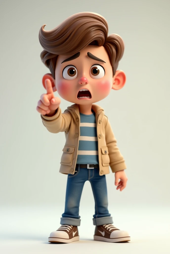 A stylized 3D digital character of a young teenage boy with light brown, neatly combed hair. He is Scared expression and pointing ahead with his right hand. The boy is wearing casual attire, consisting of a beige open jacket over a striped blue and white T...