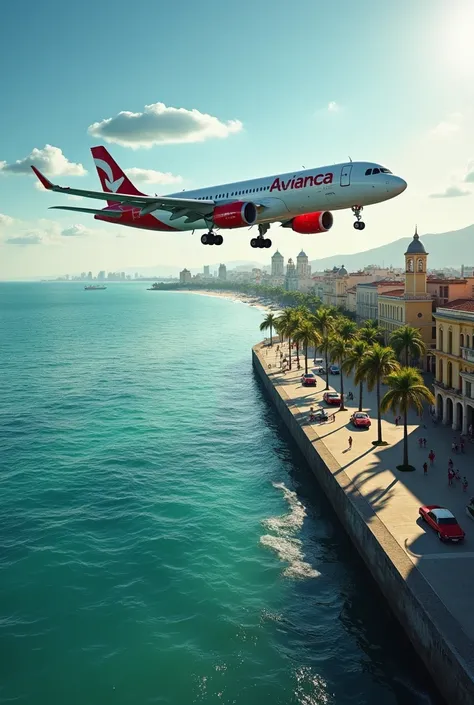 Generate a realistic image of an Avianca airline plane flying over the famous Habanero Malecón.