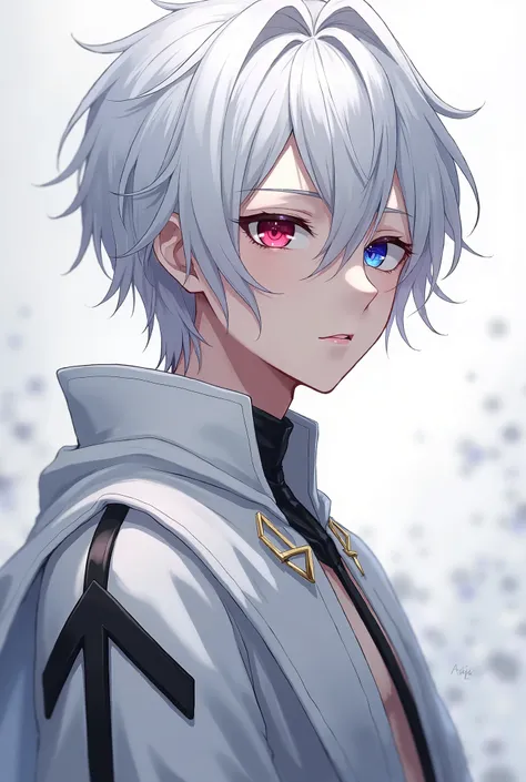  creates the image of an anime character. Men ,White hair, purple red right eye , blue left eye , dresses are divine, modern, but not up to the future.,White dress with black cut 