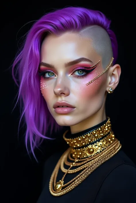 Ultra-detailed portrait of a futuristic fashion model with vibrant hot purple hair styled sleek and cascading down her shoulders. One side of her head is partially shaved, revealing smooth, pale skin with glowing freckles and metallic bead embellishments t...