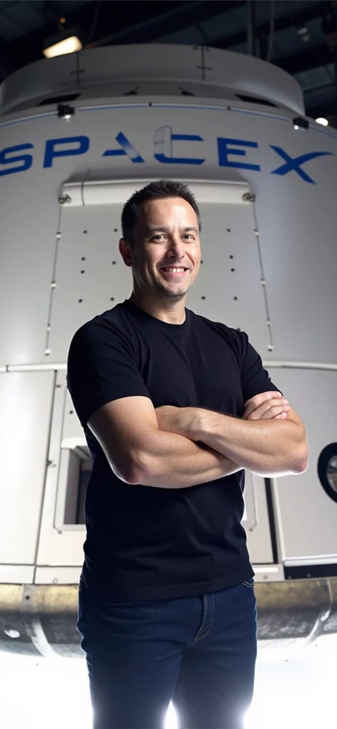 The image shows a person standing in front of a SpaceX spacecraft. The individual is wearing a black T-shirt and jeans, with their arms crossed. The background features the SpaceX logo and part of the spacecrafts structure.Estilo Desenho animado. Estilo Pi...