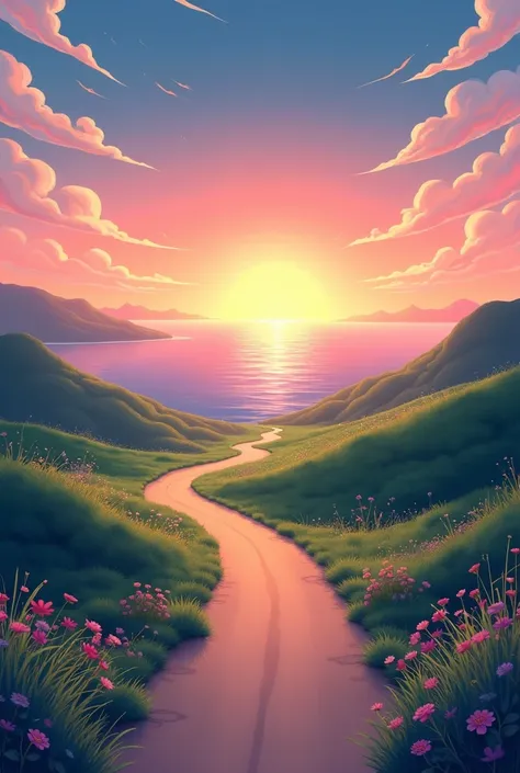  Animated landscape with horizontal road and sea, a beautiful sunset  