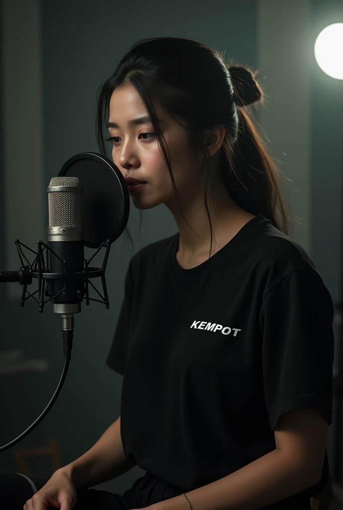 realistic, cinematic, Close-up, a beautiful Indonesian woman is sitting on a chair, recording a sad song in the studio. She was wearing a black T-shirt with the KEMPOT logo, black cargo pants and sports shoes. She had long black hair that was tied up.