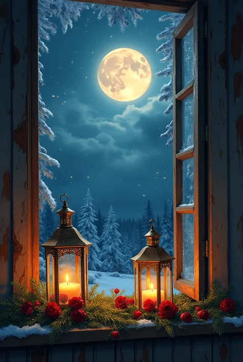 an open window, on the windowsill stand only one Cottagecore Lanterns With Floral Christmas decoration, night, moon, candles, detailed painting, view from inside,art by Thomas Kinkade digital art, Jean-Baptiste Monge style, beautiful, splash, Glittering, f...