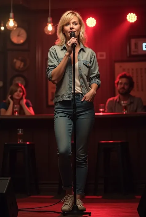 full body of a 50-year-old blonde woman with shoulder-length hair, light eyes, white skin, casual clothes, singing standing with a microphone in her hand on the stage of a bar
