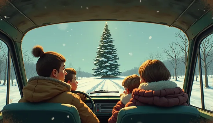 Christmas tree, family in car vw polo, grunge