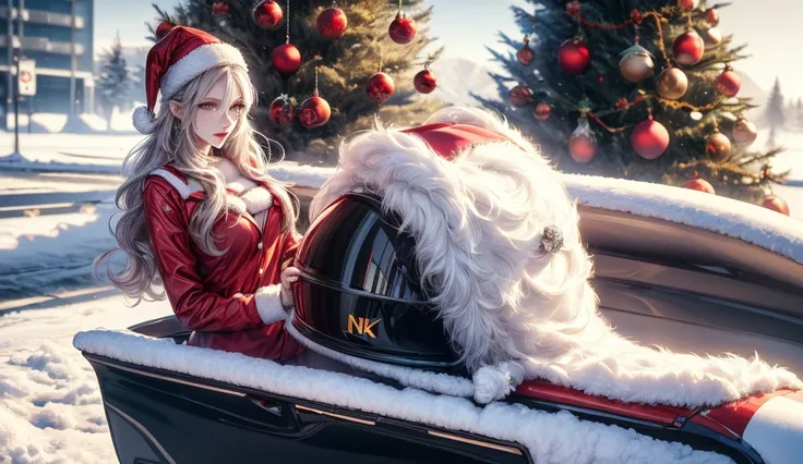 Christmas, woman dressed as Santa Claus, with long hair, holding a racing helmet in one hand and aiming a pistol in the other, background is a snowy landscape and Christmas tree, cherry-colored Honda NSX race car, 4K.