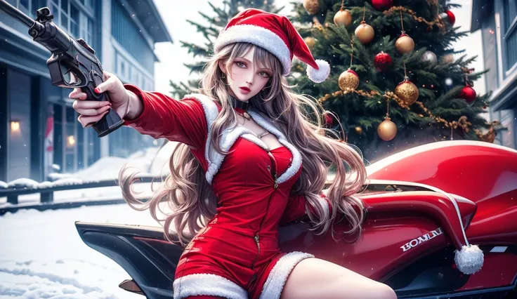 Christmas, woman dressed as Santa Claus, with long hair, holding a racing helmet in one hand and aiming a pistol in the other, background is a snowy landscape and Christmas tree, cherry-colored Honda NSX race car, 4K.