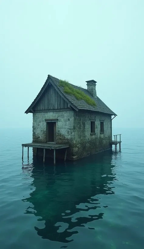  an ultra realistic image of An old house , of stone and wood ,  with moss and vegetation growing on the roof ,  rising lonely in the middle of a vast deep blue sea .  The structure is partially submerged ,  its damp and worn walls ,  indicating abandonmen...