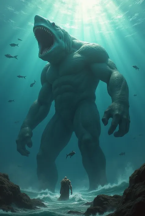 Megalodon in the ocean next to a golem