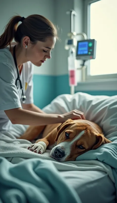 Create a poignant and evocative image of a dog recovering in a veterinary hospital after being struck by a car. The scene should depict the dog, of any breed, lying on a comfortable veterinary bed, surrounded by soft blankets. The dog appears drowsy but pe...