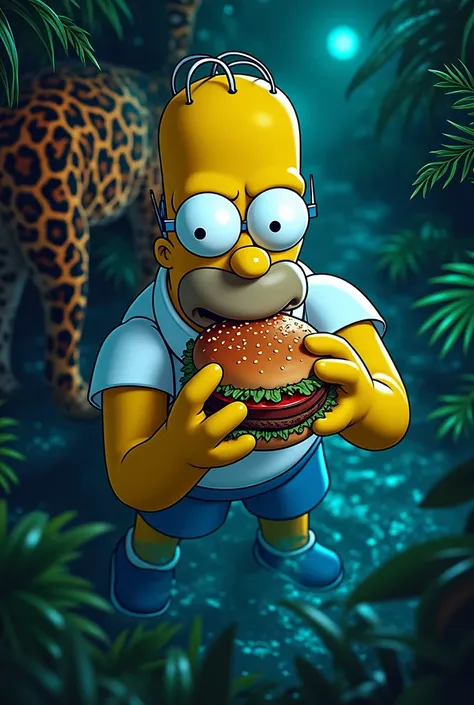 El modelo lleva gafas de sol de cristal con estOverhead, slow motion: Homer Simpson eats a burger in a jungle setting. The camera shoots from top to bottom, capturing the moment he is attacked by a leopard. Neon lighting, cinematic style, suspenseful atmos...