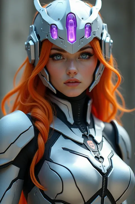 A woman with an armor suit, she has blue eyes and orange hair, wears a silver technologic crown with three purple marbles attached on crown