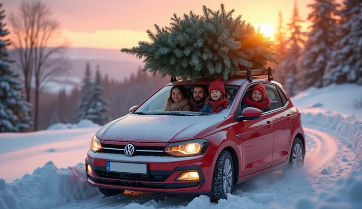 Christmas tree, family in car, vw polo, real photo