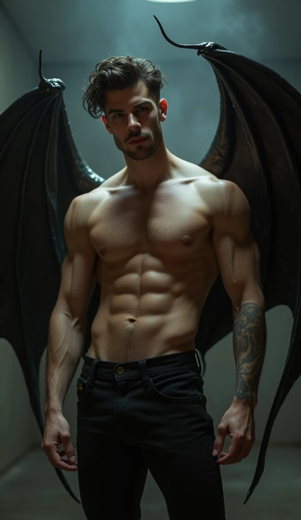 Realistic muscular handsome hunky slender man. But he has a bat wings. A succubus.