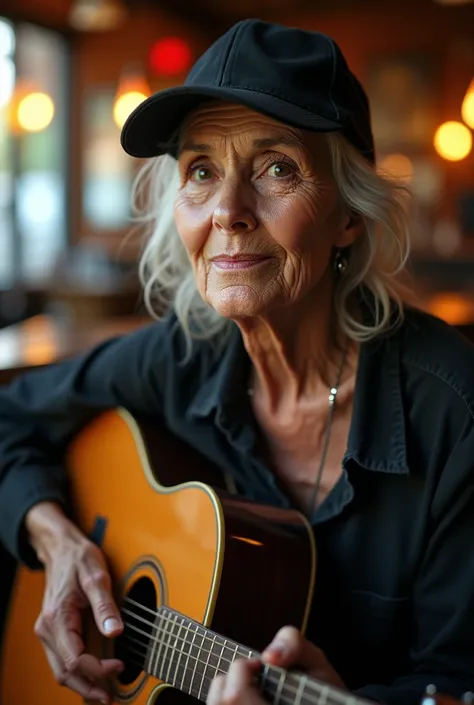 beautiful detailed eyes, beautiful detailed face, beautiful detailed lips, 1 elderly woman, bald, black framed glasses, short white beard, casual clothing, sitting in a chair playing the guitar, wearing a black baseball cap, bar interior, interior scene, r...