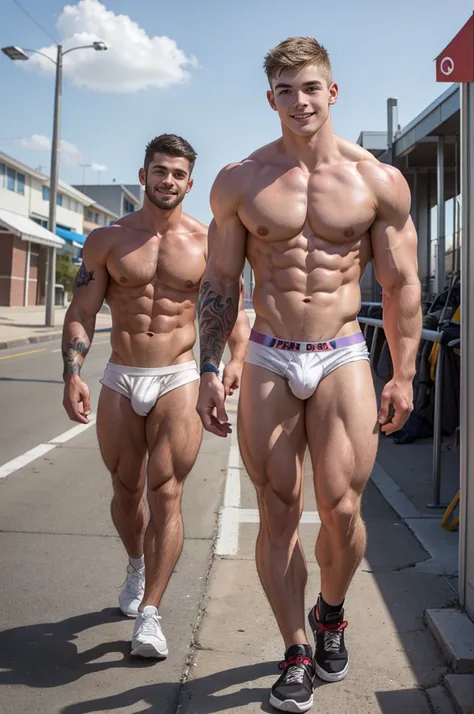 white skin,  18 year old bodybuilder, highschool freshman,  dressed in jockstraps,   topless  many tattoos, cute young face,  high detail faces, full body focus,  Shoot from a long distance,  muscular hunk in the sunny seaside, smile, cute smile, random vi...