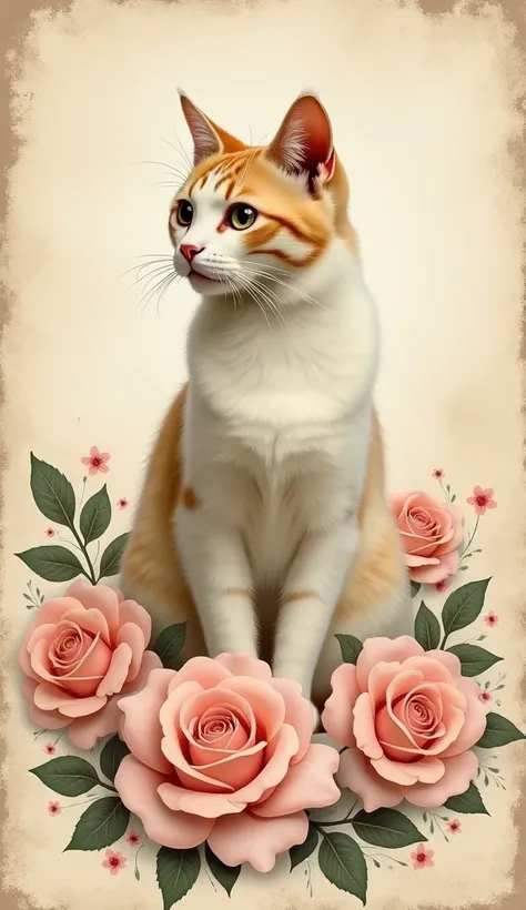 "A vintage-inspired design featuring a graceful cat surrounded by soft, romantic roses in shades of pale pink, cream, and peach. The cat’s fur is textured, with a soft, dreamy aura. The background has a distressed, faded look, giving it an antique, nostalg...