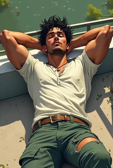  black messy hair ,  light dark skin ,  short sleeve light white shirt, muscles ,  torn model light green pants, necklace , lying on the balcony ,  hands resting on the head ,  a man with his eyes closed 