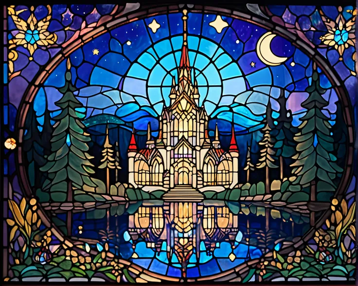  stained glass style 　The main one is a castle 　moon　star　Night Sky　dawn　forest　デジタル stained glass style 　lake　 fantastic everything is stained glass　 simple　 beautiful　