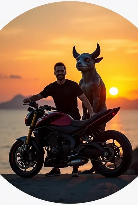 A man posing for a photo in front of the sea at sunset with his motorcycle and behind the man is Your pet inspired by toruk makto from avatar. The image must be round and the pet is the same as Toruk Makto from the movie Avatar 