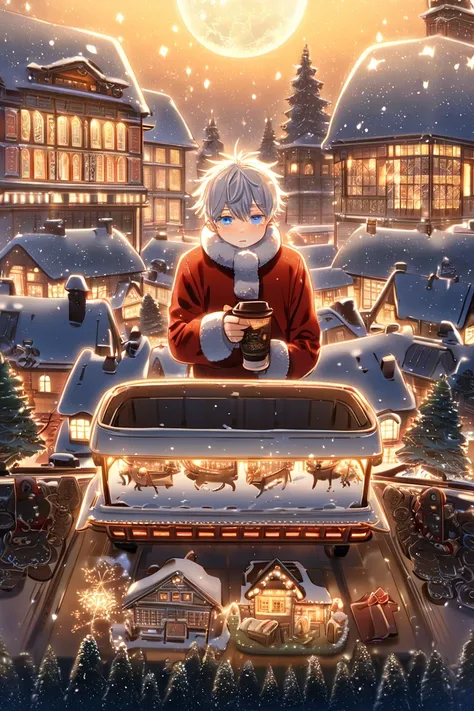 A cozy winter night scene with light snowfall under a bright full moon. Satoru Gojo, wearing a traditional red Santa suit, sitting on a snow-covered roof, taking a break from handing out presents. holding a steaming cup of coffee, enjoying a quiet moment, ...