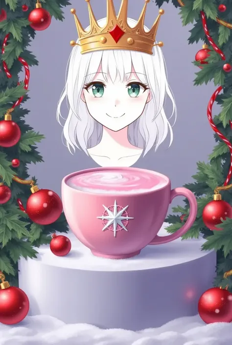 santagirl,chirtsmas,Snowy，Podium Background，Christmas， a vibrant pink coffee cup with intricate white design on the lid， holding a light pink drink topped with a white star， featuring a regal womans face in delicate white outline， adorned with a golden cro...