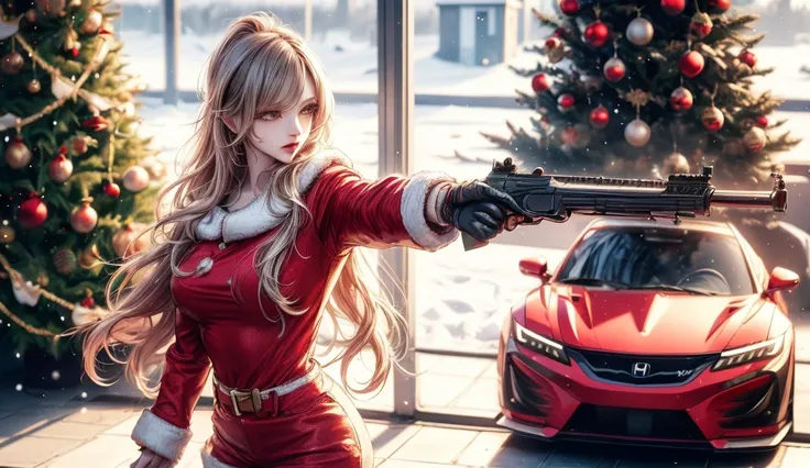 Christmas, woman dressed as Santa Claus, with long hair, holding a racing helmet in one hand and aiming a pistol in the other, background is a snowy landscape and Christmas tree, cherry-colored Honda NSX race car, 4K.