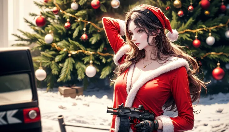 Christmas, woman dressed as Santa Claus, with long hair, holding a racing helmet in one hand and aiming a pistol in the other, background is a snowy landscape and Christmas tree, cherry-colored Honda NSX race car, 4K.