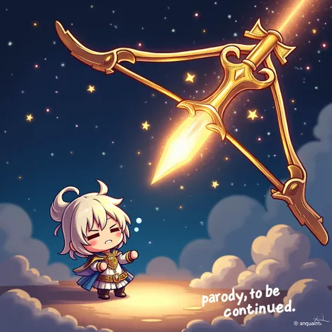 The image has the caption "parody, to be continued" written on the bottom right of it, depicting a chibi character who is about to be pierced by a iridescent gold-plated god bow and god arrow, rolling his eyes and passing out, background space