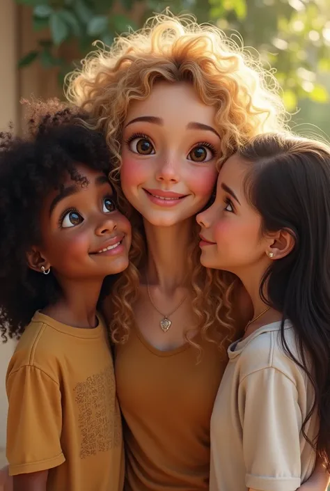 A curly haired blonde mom , with two girls, an  curly black hair and a  straight black hair 