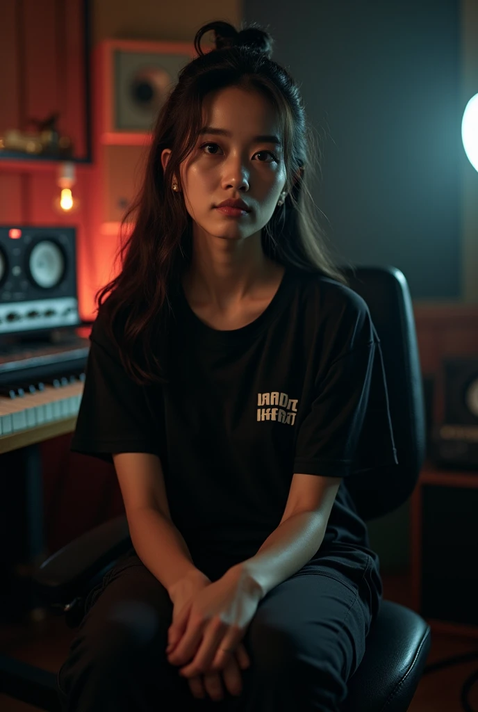 realistic, cinematic, Close-up, a beautiful Indonesian woman is sitting on a chair, 
using headset, recording a sad song in the studio. She was wearing a black T-shirt with the KEMPOT logo, black cargo pants and sports shoes. She had long black hair that w...