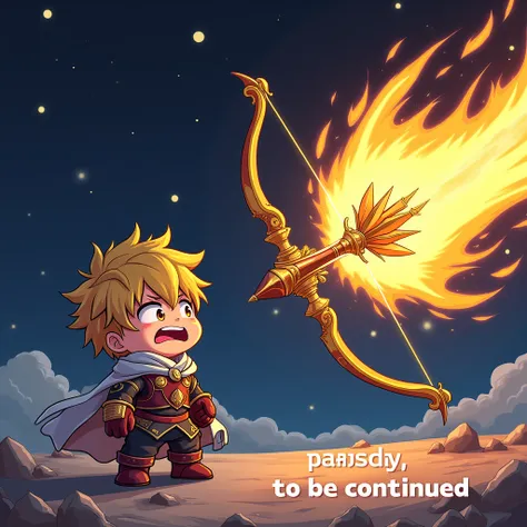 The image has the caption "parody, to be continued" written on the bottom right of it, depicting a chibi character who is about to be pierced by a iridescent gold-plated god bow and god arrow, rolling his eyes and passing out, background space