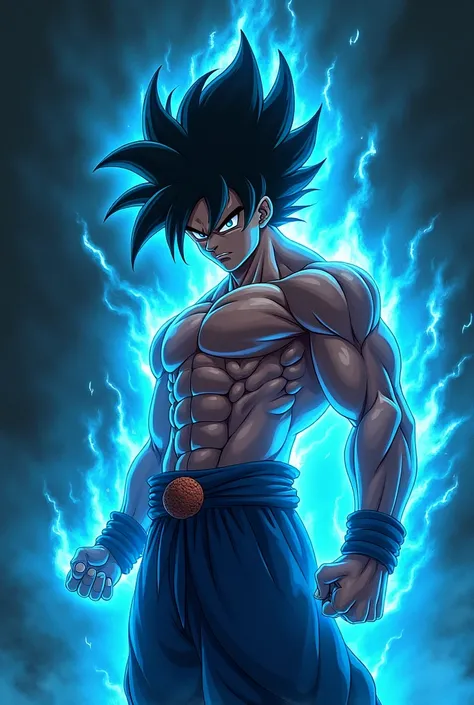 Super Saiyan noir, regard déterminé, transformé en ultra instinct, torse nu, prêt à en finir avec ses ennemis, recouvert dune aura bleue, comics 