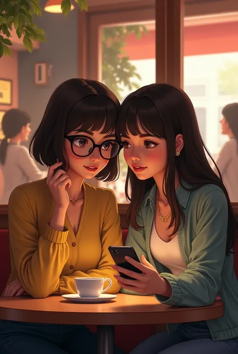 in a cafe,  two girls are sitting at a table. One of them, Well, She has glasses and bangs . The other one, Laura,  she has no glasses or bangs .)
Laura: (Showing Ana her phone