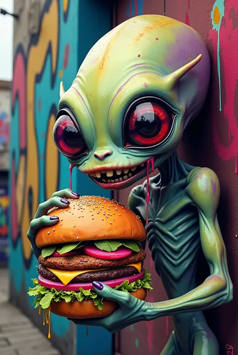 I want an alien eating a very colorful graffiti style burger