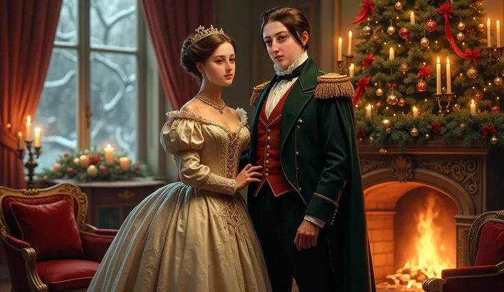 " Realistic illustration of a Victorian Christmas scene in the 19th century .  Queen Victoria and Prince Albert pose elegantly next to a Christmas tree decorated with burning candles,  golden ribbons and antique glass ornaments .  The Queen wears a long Vi...