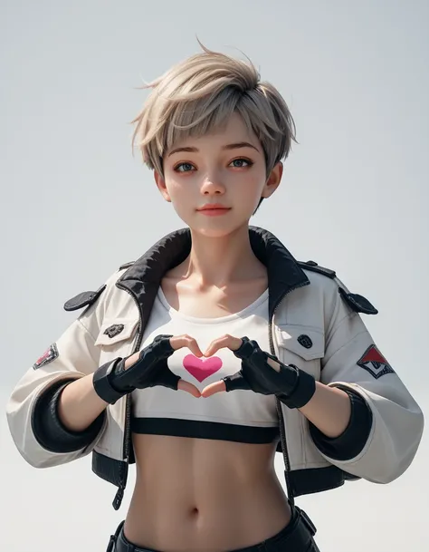 (masterpiece, best quality:1.2), solo, 1girl, White skin, white-skinned female, looking at viewer, pixie cut, crop top, jacket, fingerless gloves, white background, 3D, heart pose,