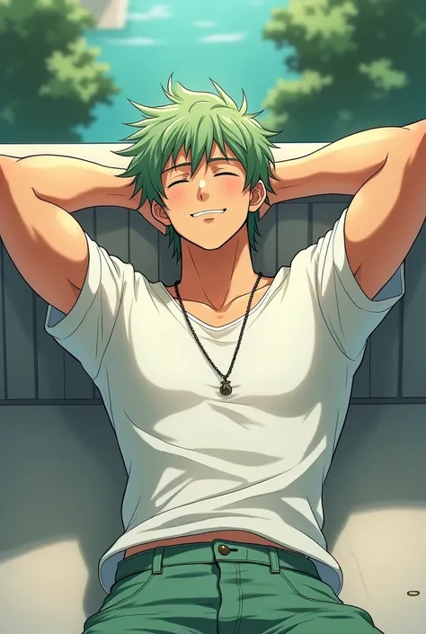  Light green messy hair ,  light dark skin ,  short sleeve light white shirt, muscles , light green pants , necklace , lying on the balcony ,  hands resting on the head ,  23 years old young man with eyes closed