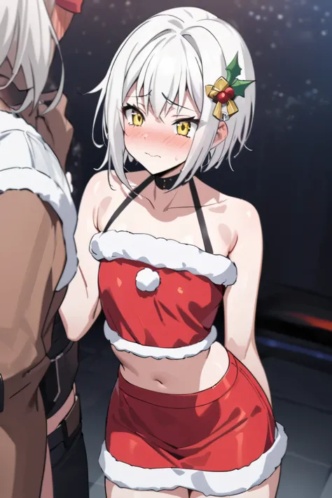 NSFW,masterpiece, top quality , high definition , very detailed,Tacheng kitten、 short hair、 hair ornament、 yellow eyes、White Hair, Santa Claus, crop top, miniskirt, shoulder out,Embarrassed,blush,companion,Nightlife